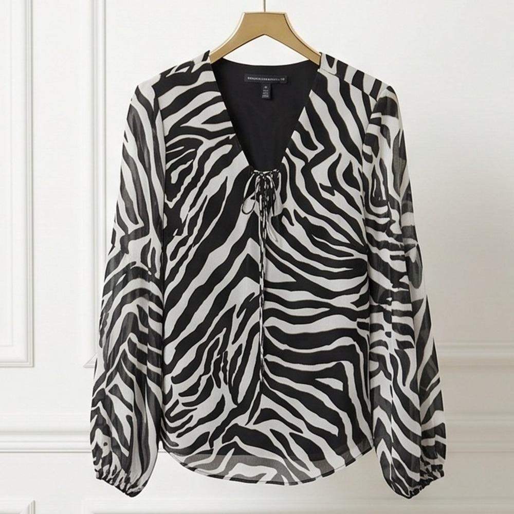 White House Black Market M Zebra Print Lace Up Flirty Blouse Black White NWT